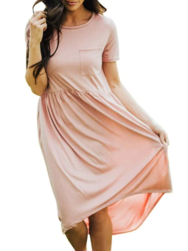 WOMENS SHORT SLEEVE CASUAL MIDI DRESS WITH POCKETS FOR $8.80