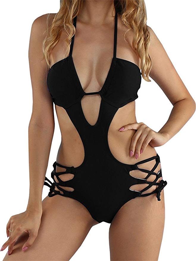 WOMENS ONE PIECE BANDAGE HALTER BIKINI CUT MONIKINI BATHING SUIT FOR $8.09