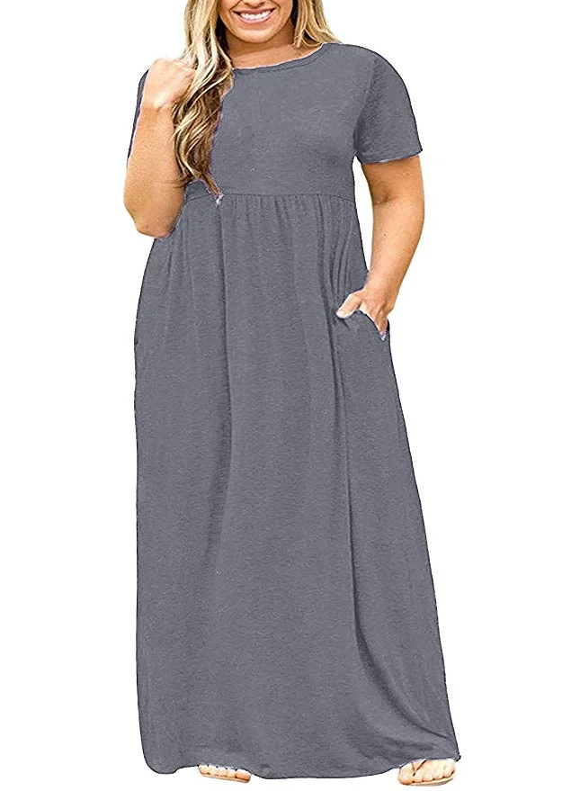 WOMEN PLUS SIZE SHORT SLEEVE HIGH WAIST MAXI DRESSES FOR $13.20