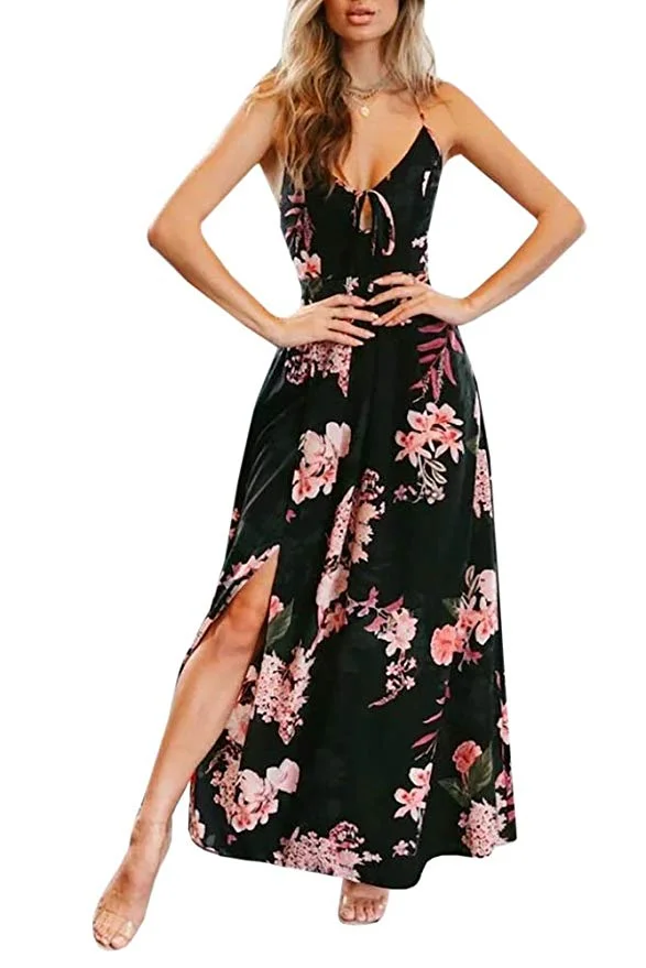 WOMENS FLORAL PRINTED LACE UP BACKLESS SLIT SIDE MAXI DRESS FOR $12.80