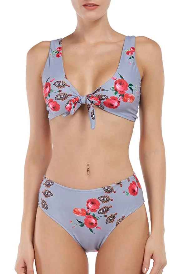 WOMENS TIE KNOT FLORAL PRINT HIGH WAISTED 2-PIECE BATHING SUIT FOR $8.99