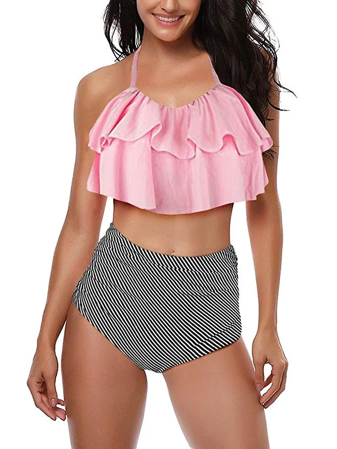 WOMENS HIGH WAIST RUFFLED 2-PIECE BIKINI SET FOR $10.40