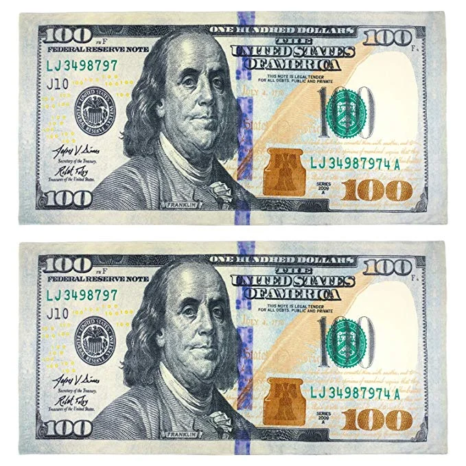 100 DOLLAR BILL PRINTED BEACH TOWEL (2 TOWELS) FOR $19.99