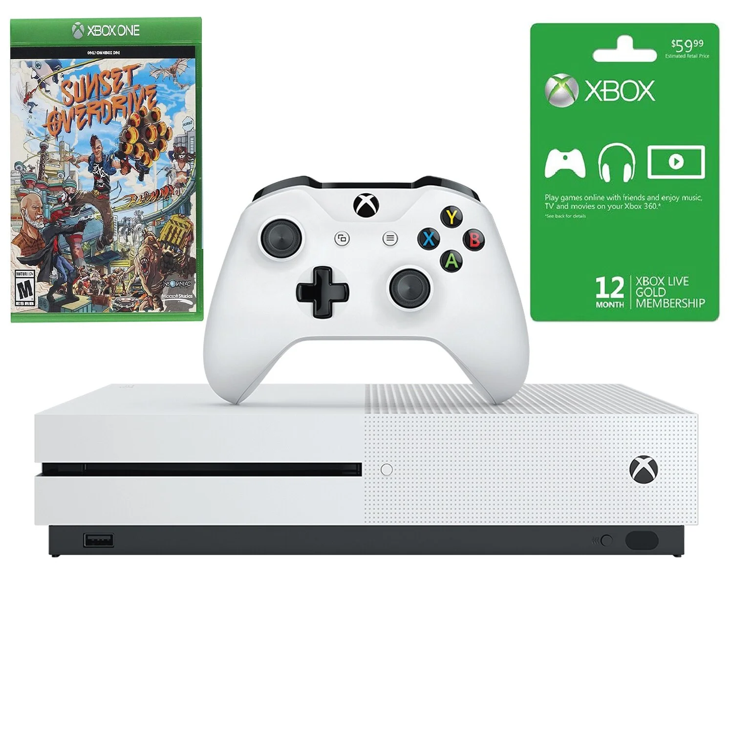 XBOX ONE S 1TB CONSOLE, SUNSET OVERDRIVE GAME, &amp; 12 MONTH XBOX LIVE GOLD CARD FOR $225.25