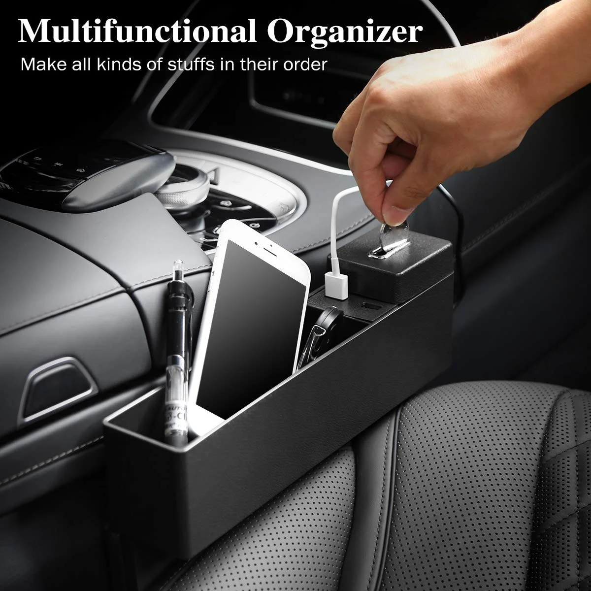 CAR POCKET ORGANIZER WITH COIN BOX AND 2 USB CHARGING HUB FOR CELLPHONES FOR $13.99