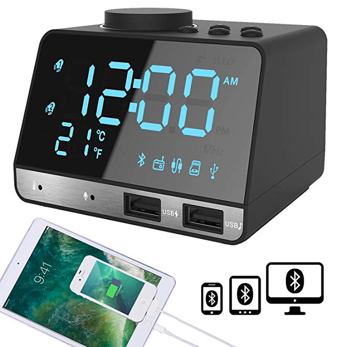 ALARM CLOCK WITH BLUETOOTH SPEAKER AND DUAL USB CHARGING PORTS FOR $16.00