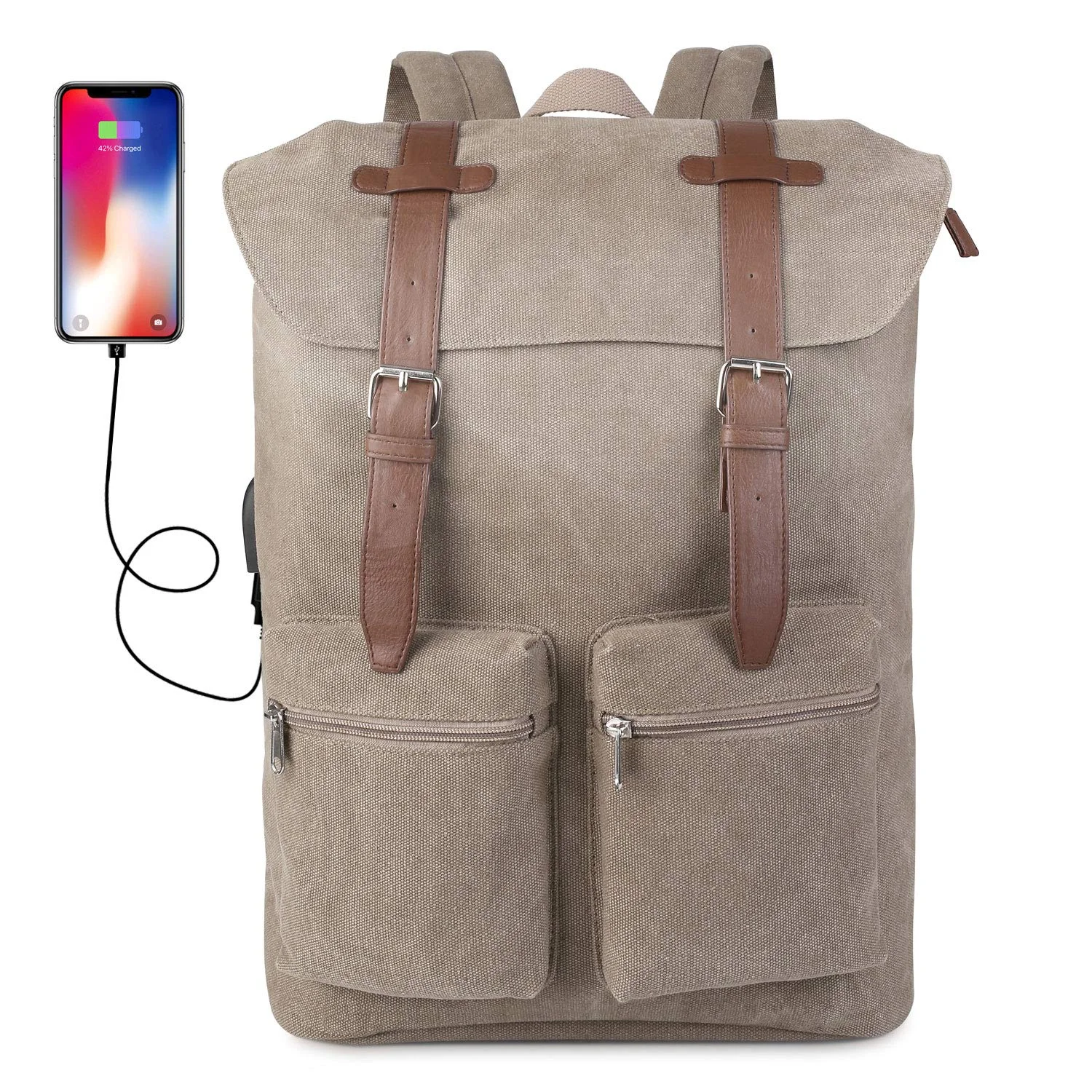 VINTAGE CANVAS BACKPACK WITH USB PORT AND HEADPHONE INTERFACE FOR $12.49