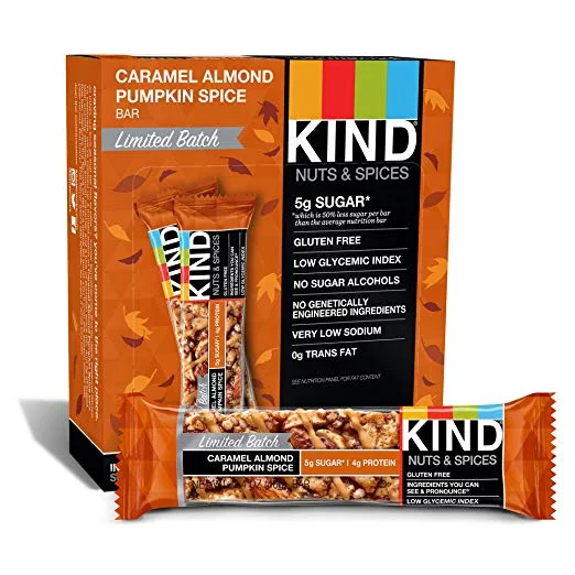 12 COUNT OF KIND BARS, CARAMEL ALMOND PUMPKIN SPICE FOR $7.63