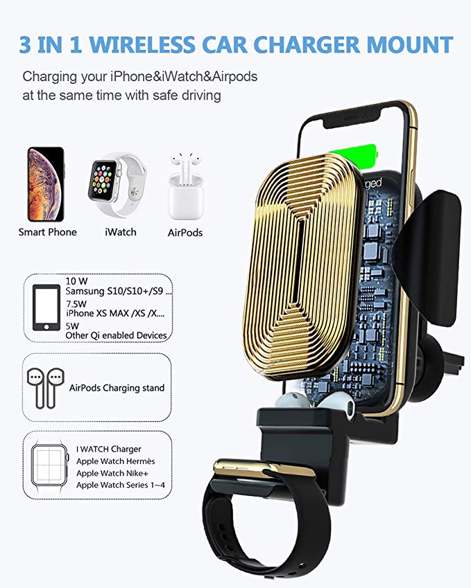 3-IN-1 WIRELESS CHARGING CAR CHARGER MOUNT PHONE HOLDER + CAR CHARGER FOR $18.44
