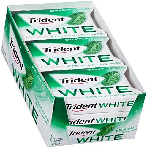 9 PACKS OF TRIDENT WHITE SPEARMINT SUGAR FREE GUM (144 PIECES TOTAL) FOR $5.47