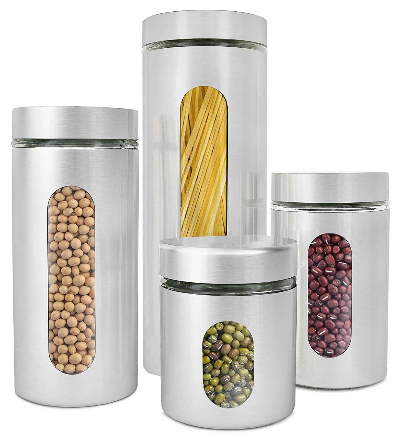 4 PIECE BRUSHED STAINLESS STEEL AND GLASS CANISTERS WITH WINDOW FOR $15.75