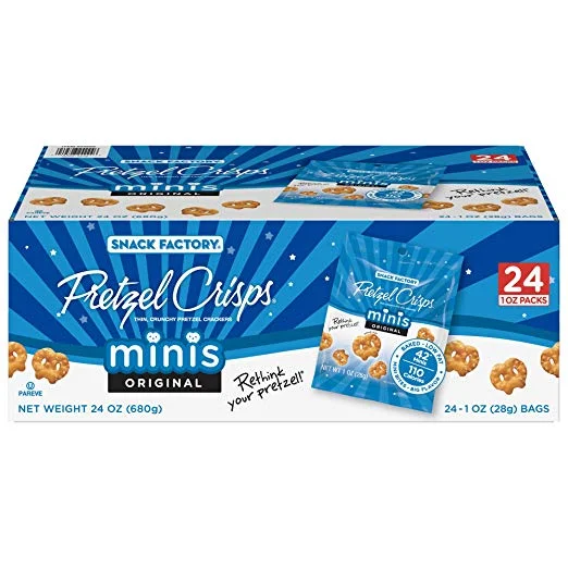 24 SNACK BAGS OF ORIGINAL MINIS SNACK FACTORY PRETZEL CRISPS FOR $7.37
