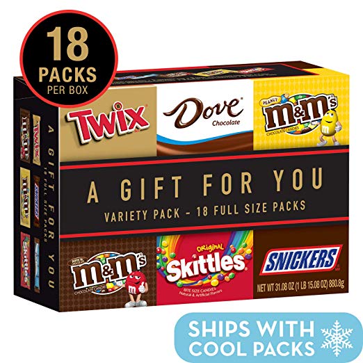 18 FULL SIZE CANDY BARS OF TWIX, SNICKERS, DOVE, M&amp;M'S MILK CHOCOLATE, M&amp;M'S PEANUT &amp; SKITTLES GIFT BOX FOR $12.74