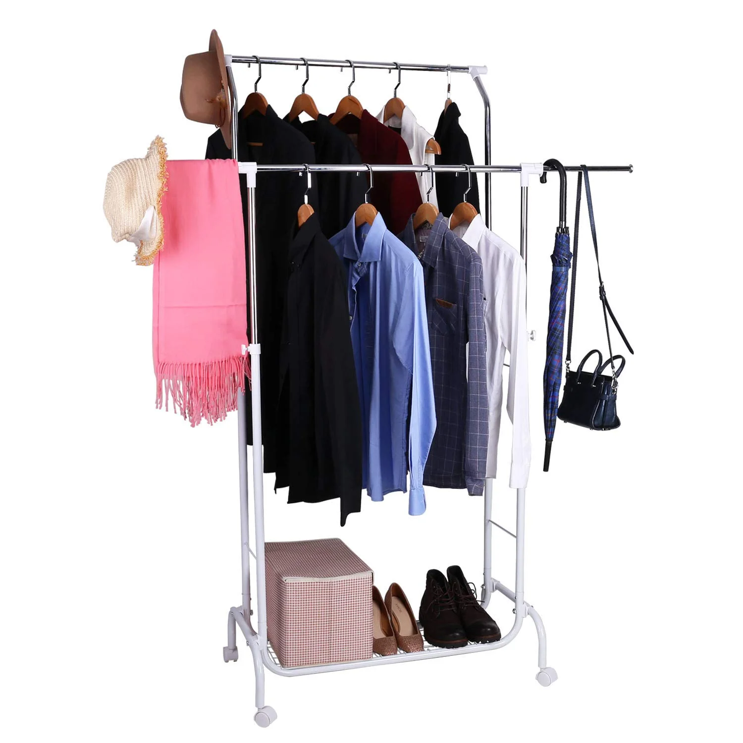 DOUBLE RAIL GARMENT RACK WITH WHEELS WITH LOWER STORAGE SHELF FOR $23.49