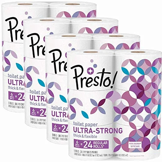 24 COUNT OF PRESTO! 308-SHEET ULTRA-STRONG MEGA ROLL TOILET PAPER FOR $15.85