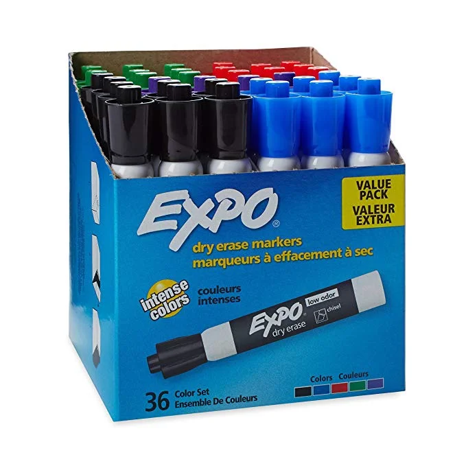36 COUNT OF ASSORTED EXPO LOW ODOR DRY ERASE MARKERS FOR $19.89