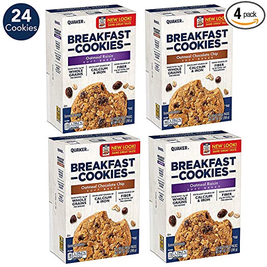 4 BOXES OF QUAKER BREAKFAST COOKIES, OATMEAL RAISIN AND OATMEAL CHOCOLATE CHIP VARIETY PACK&nbsp;FOR $10.25