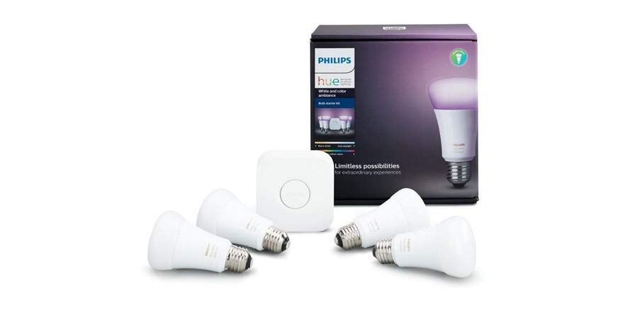 PHILIPS HUE WHITE AND COLOR AMBIANCE A19 60W EQUIVALENT LED SMART BULB STARTER KIT FOR $114.00