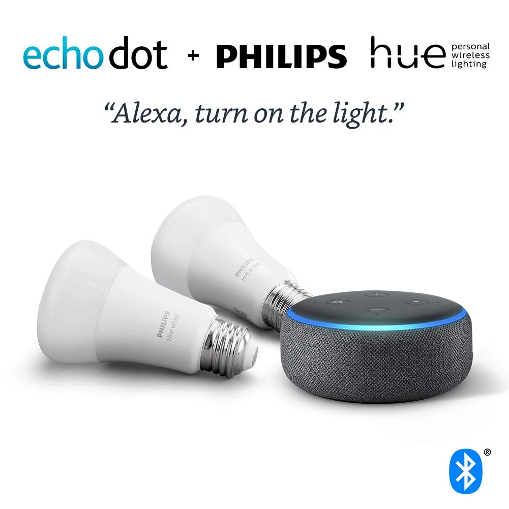 ECHO DOT (3RD GEN) – CHARCOAL WITH PHILIPS HUE WHITE 2-PACK A19 SMART BULBS FOR $32.00