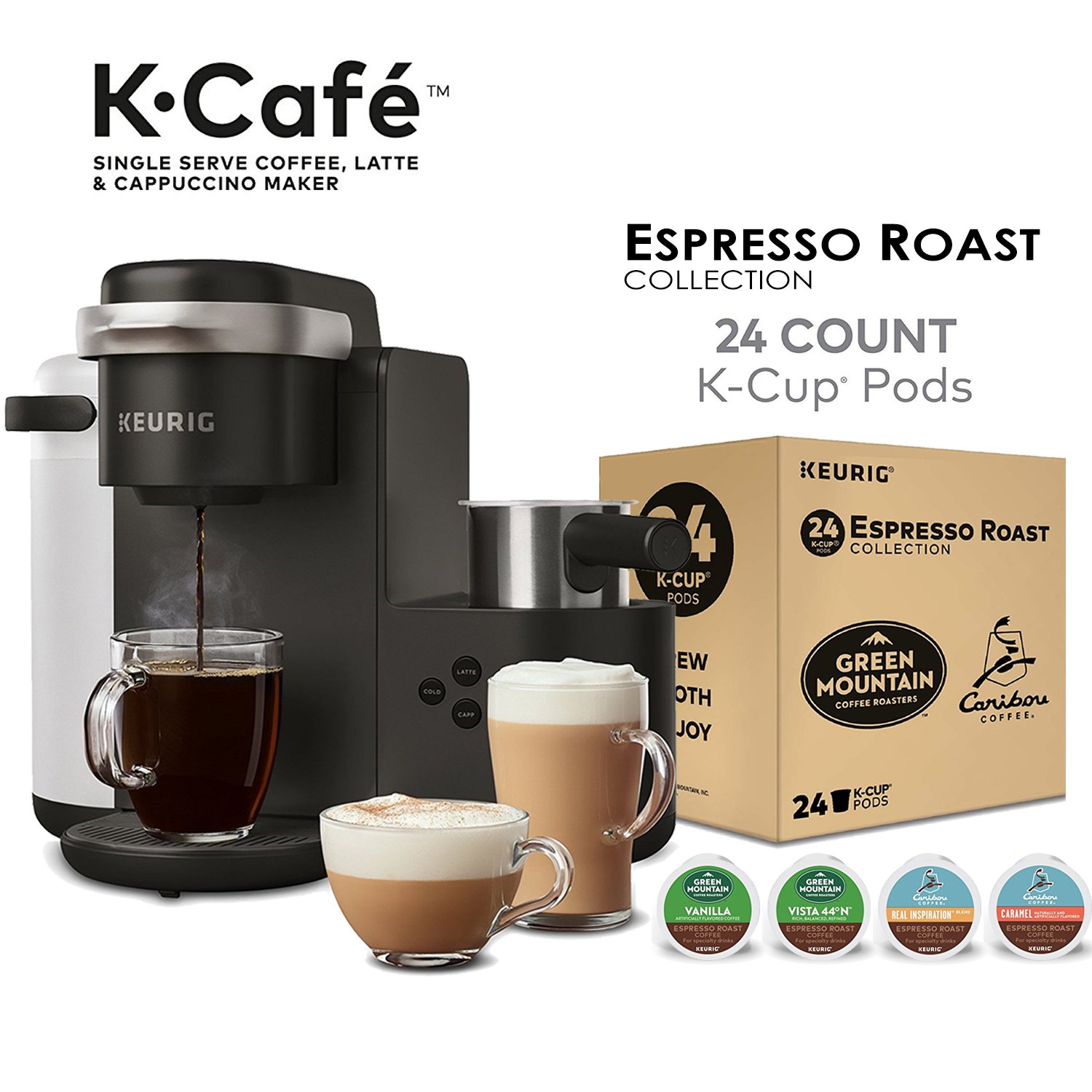 KEURIG K-CAFE SINGLE SERVE LATTE AND CAPPUCCINO COFFEE MAKER, AND ESPRESSO ROAST K-CUP POD VARIETY PACK FOR $109.99