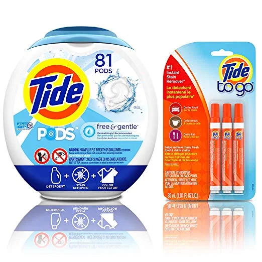 81 COUNT OF TIDE FREE AND GENTLE LAUNDRY DETERGENT PODS + 3 COUNT OF INSTANT STAIN REMOVER LIQUID PENS FOR $18.87