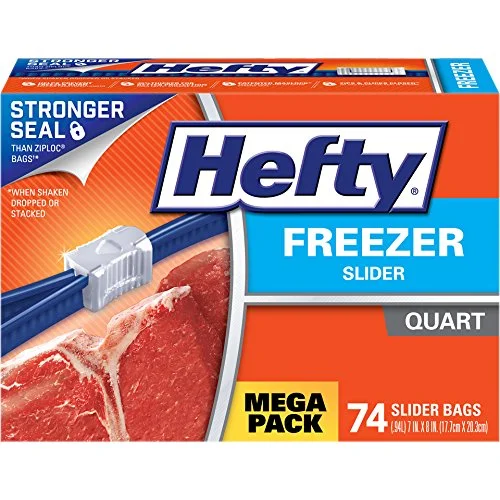 74 COUNT OF HEFTY SLIDER QUART FREEZER BAGS FOR $5.73