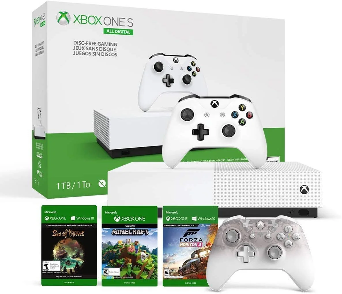 XBOX ONE S ALL-DIGITAL EDITION + XBOX PHANTOM WHITE CONTROLLER + 1-MONTH XBOX LIVE GOLD + MINECRAFT + FORZA HORIZON 3 + SEA OF THIEVES FOR $199.99