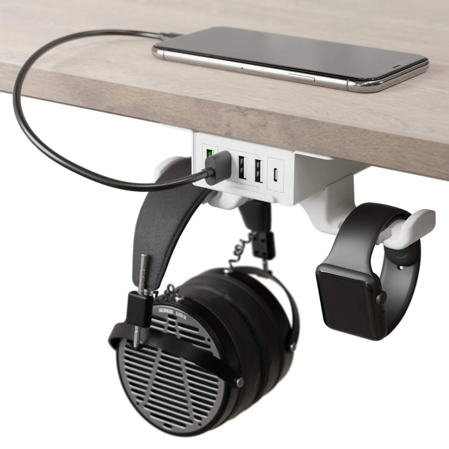 UNDER DESK HEADSET HANGER AND MOUNT WITH 4-USB PORTS FOR $18.74