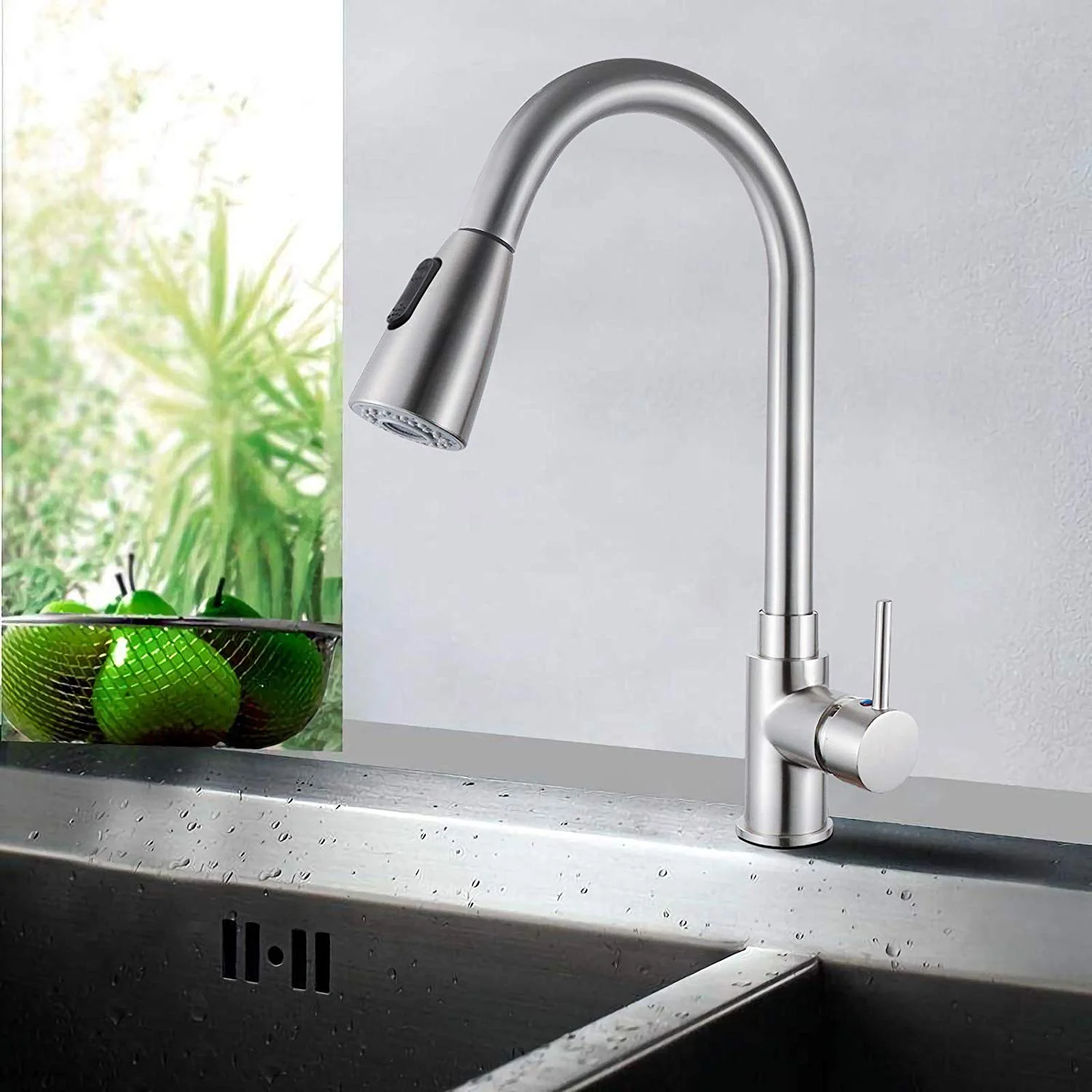 SINGLE HANDLE HIGH ARC PULL OUT KITCHEN FAUCET FOR $28.49