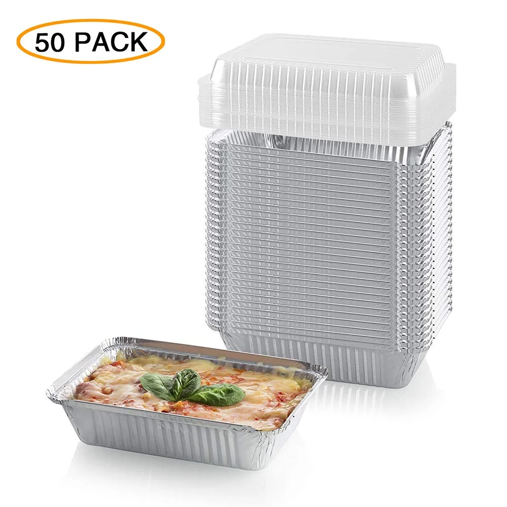 50 PACK OF DISPOSABLE DURABLE ALUMINUM RECTANGULAR FOIL PANS (8.7" X 6.3" X 2") FOR $14.99