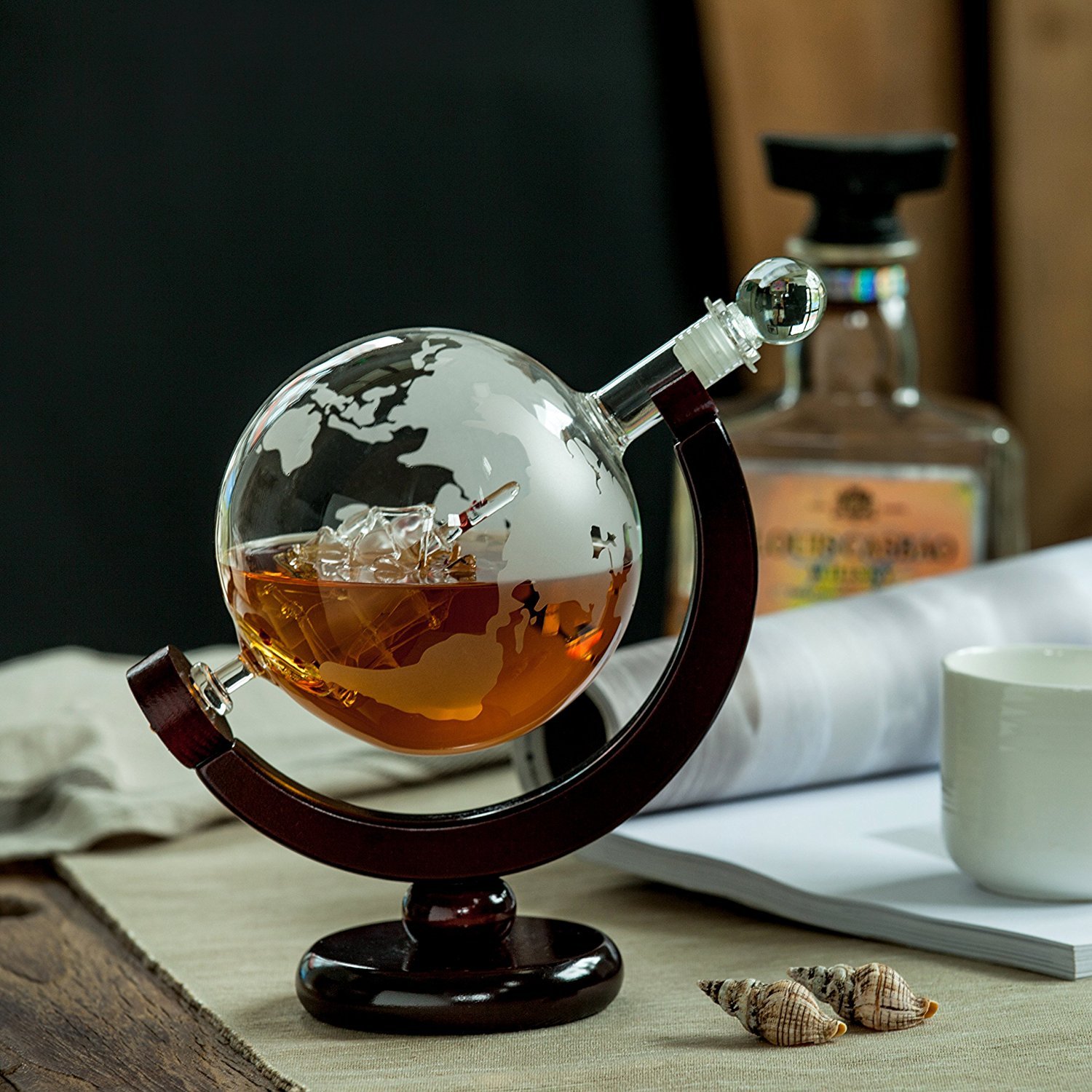 WHISKEY GLOBE DECANTER WITH ANTIQUE DARK FINISHED WOOD STAND BAR FOR $19.99