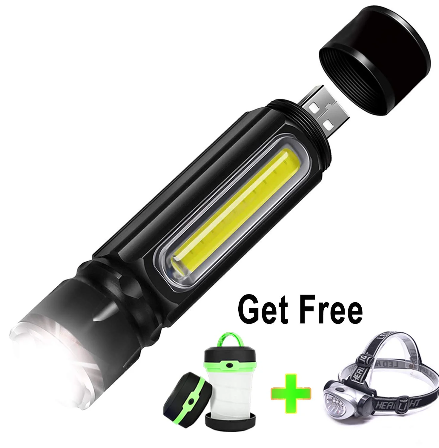 USB RECHARGEABLE TACTICAL FLASHLIGHT WITH BUILT-IN COB SIDE LIGHT AND MAGNET + CAMPING LIGHTS + HEAD LAMP FOR $9.94