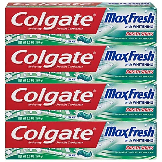 4 PACK - 6OZ COLGATE MAX FRESH WHITENING TOOTHPASTE WITH BREATH STRIPS, CLEAN MINT FOR $6.58