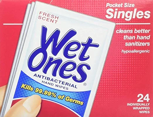 PACK OF 5 - 24 COUNT WET ONES ANTIBACTERIAL HAND AND FACE WIPES SINGLES FOR $6.95