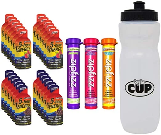 24 PACK OF 5 HOUR ENERGY SHOTS + 3 PACK OF ZIPFIZZ CAFFEINATED VITAMIN INFUSED ENERGY + BY THE CUP SPORTS BOTTLE FOR $33.99
