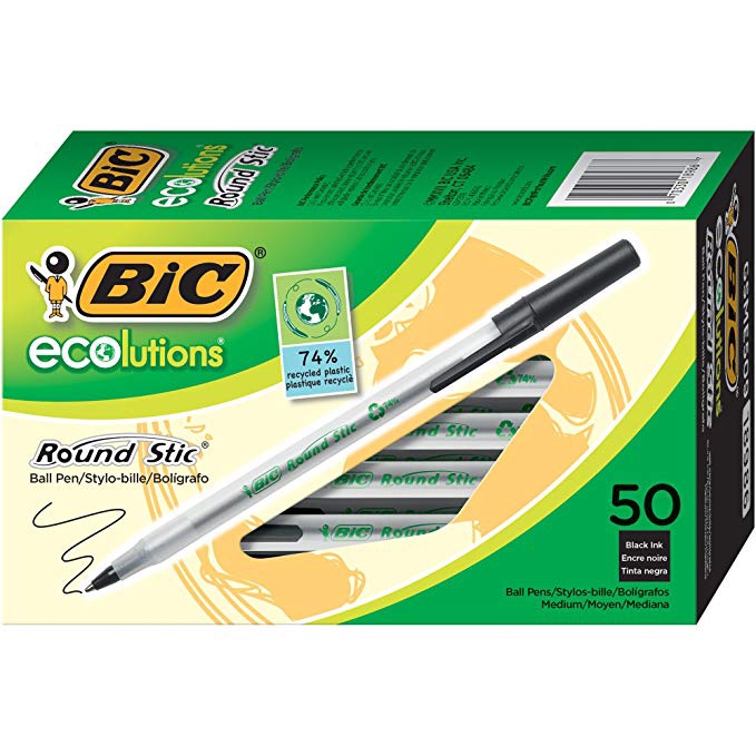 PACK OF 50 BIC ECOLUTIONS ROUND STIC BALLPOINT PENS FOR $4.52
