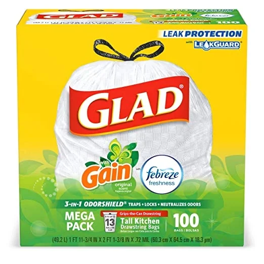 300 COUNT - GLAD TALL KITCHEN DRAWSTRING TRASH BAGS, ODORSHIELD, GAIN ORIGINAL WITH FEBREZE FRESHNESS FOR $31.77