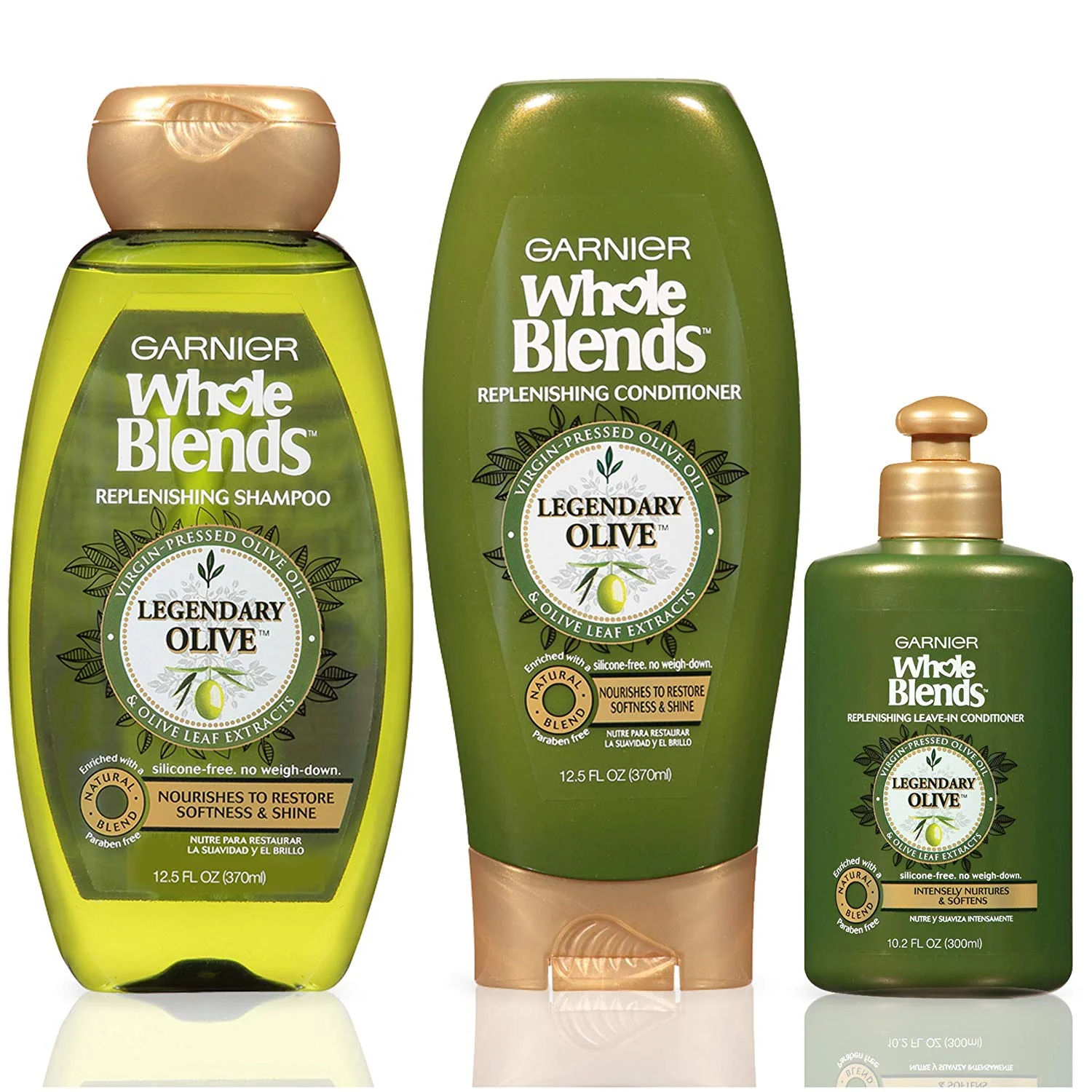 GARNIER HAIR CARE WHOLE BLENDS LEGENDARY OLIVE REPLENISHING HAIR CARE WITH SHAMPOO, CONDITIONER, AND LEAVE IN TREATMENT FOR $12.52