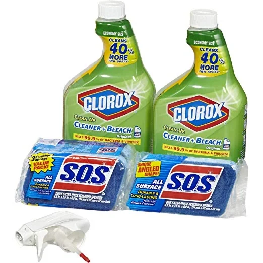 2 PACK 32OZ CLOROX CLEAN UP BRUSH CLEANER SPRAY + 4 PACK ALL-SURFACE SCRUBBER SPONGES FOR $8.34