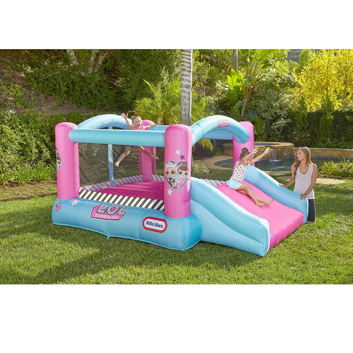 L.O.L. SURPRISE JUMP 'N SLIDE INFLATABLE BOUNCE HOUSE WITH BLOWER FOR $130.91