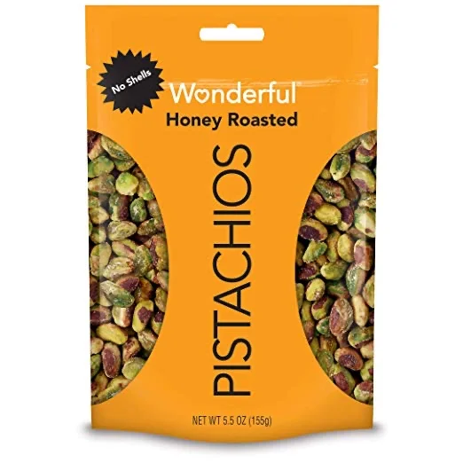 WONDERFUL PISTACHIOS, NO SHELLS, HONEY ROASTED, 5.5OZ BAG FOR $4.55