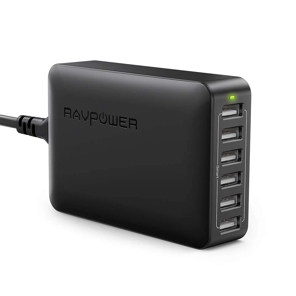 RAVPOWER 60W 12A 6-PORT DESKTOP USB CHARGING STATION WITH ISMART MULTIPLE PORT FOR $15.79