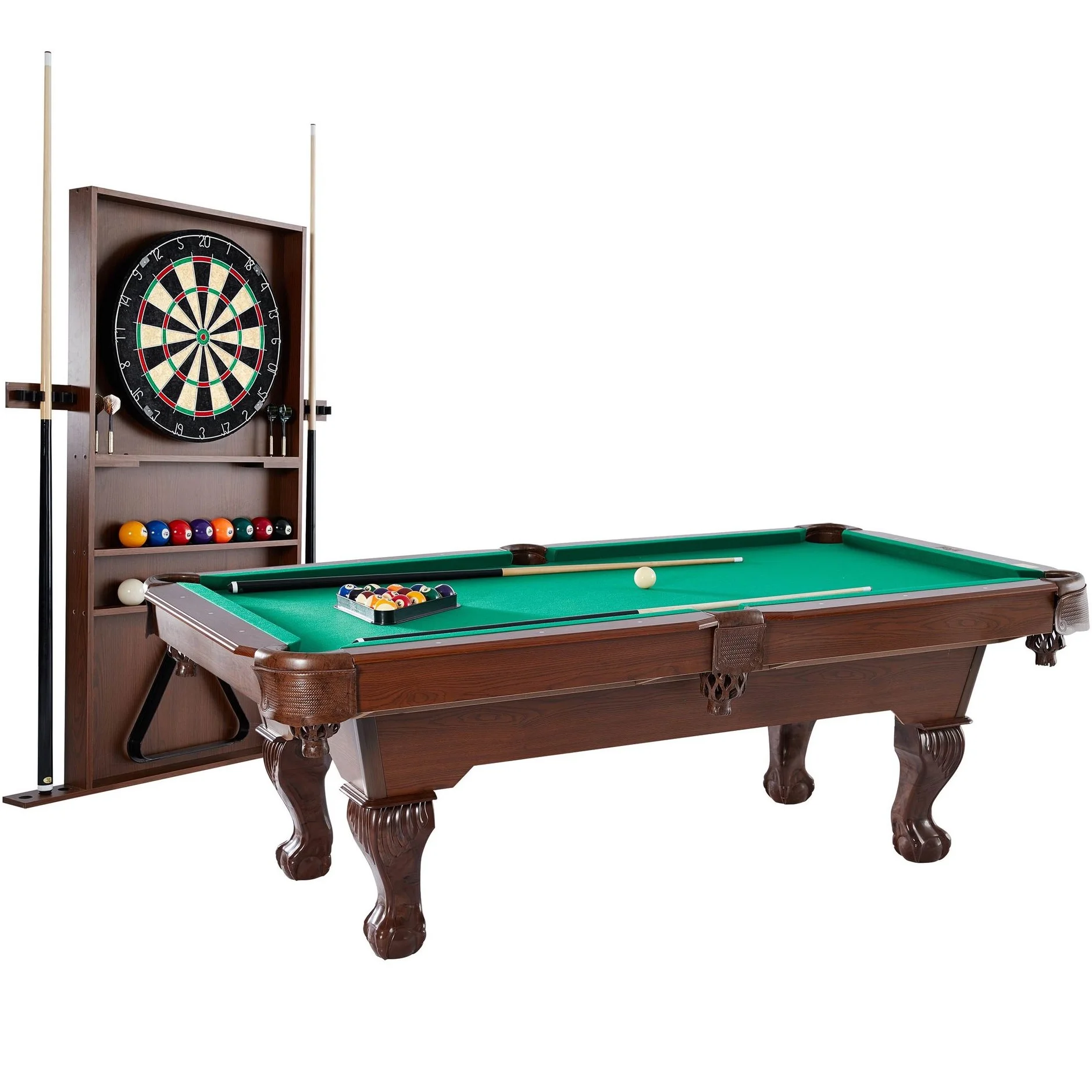 BARRINGTON 90 INCH BALL AND CLAW LEG BILLIARD POOL TABLE WITH BONUS CUE RACK AND DARTBOARD SET FOR $499.99