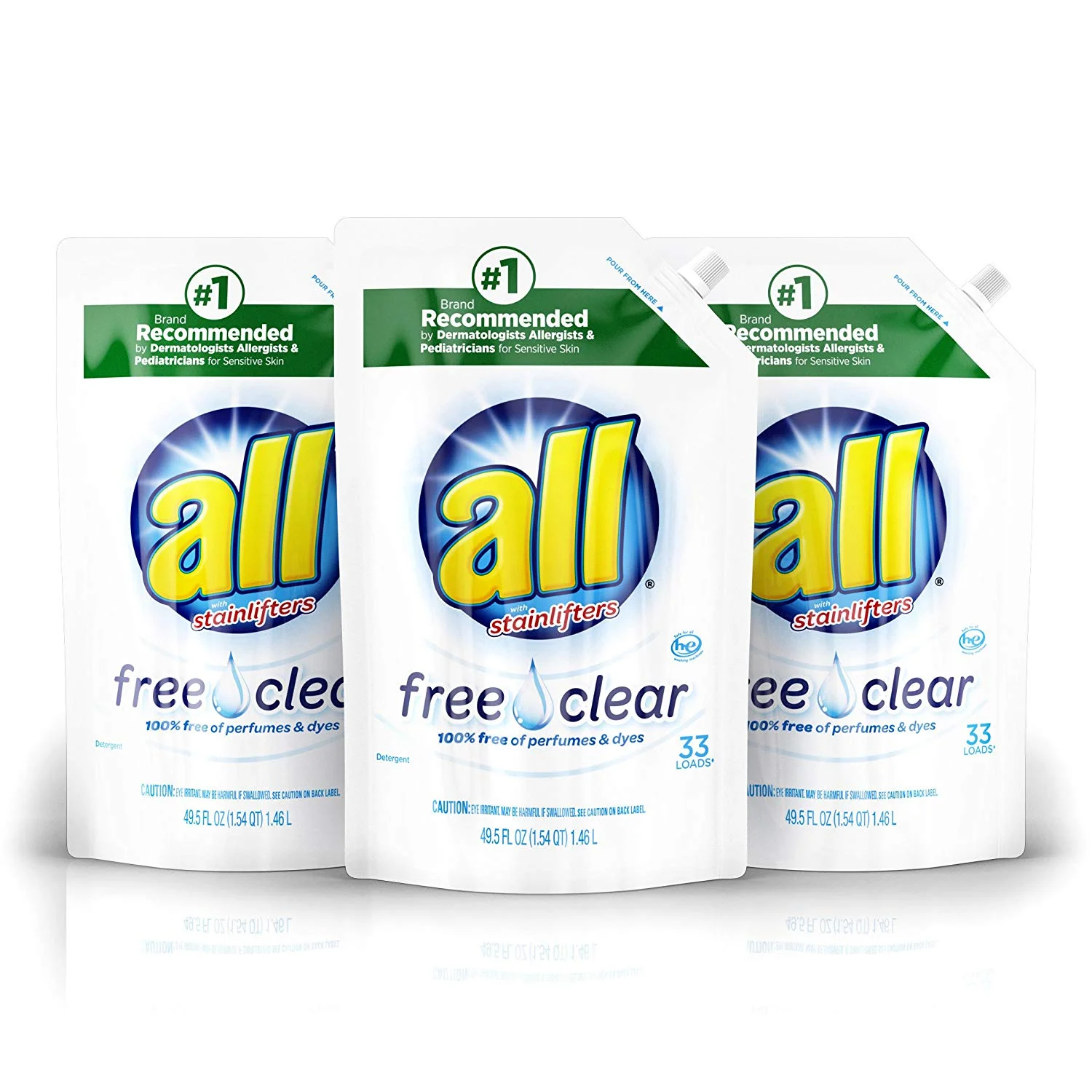 99 TOTAL LOADS - ALL LIQUID LAUNDRY DETERGENT EASY-POUCH, FREE CLEAR FOR SENSITIVE SKIN (3 PACKS OF 33) FOR $9.94