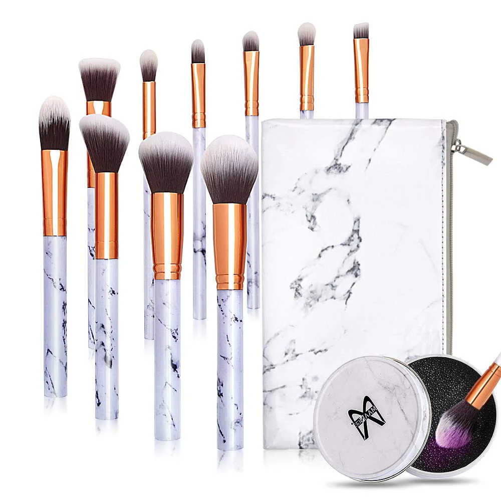 10 PIECES MARBLE MAKEUP BRUSH SET WITH MAKEUP BRUSH BAG AND BRUSHES COLOR REMOVAL SPONGE FOR $7.99