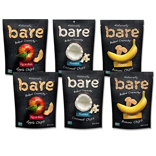 6 SNACK BAGS - BARE BAKED CRUNCHY APPLE CHIPS, BANANA CHIPS, COCONUT CHIPS VARIETY PACK FOR $9.52