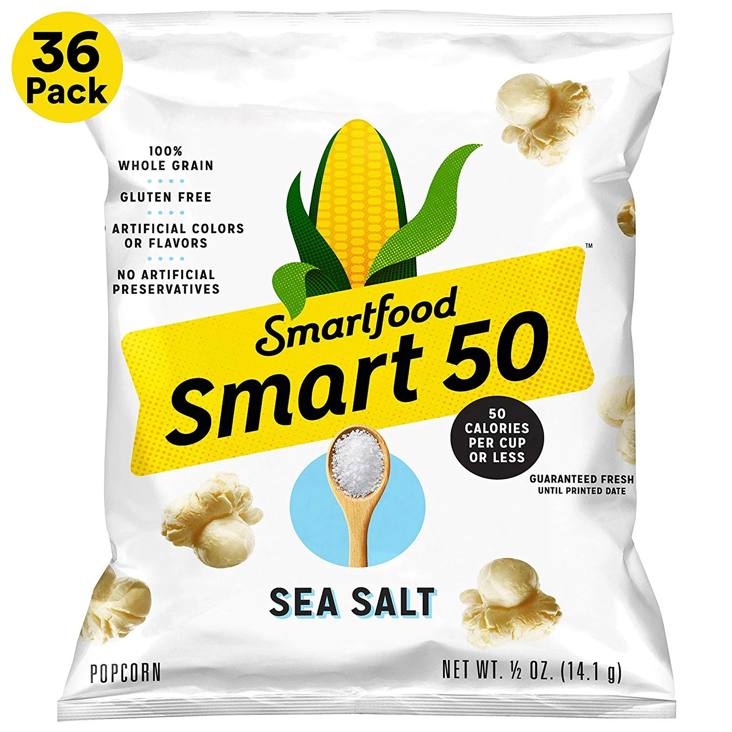 36 SNACK BAGS - SMART50 POPCORN, SEA SALT FOR $10.25
