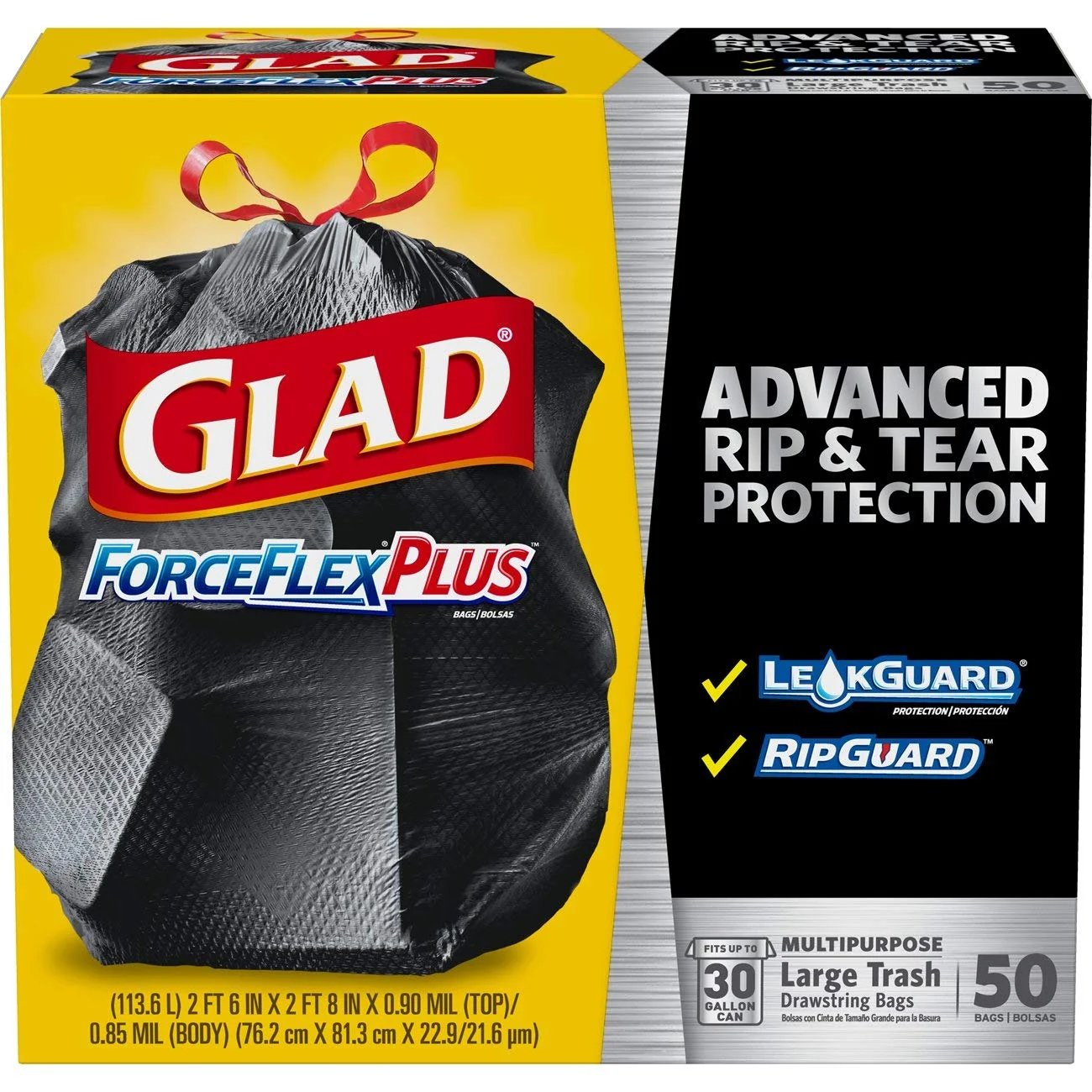PACK OF 50 - GLAD LARGE DRAWSTRING TRASH BAGS – FORCEFLEXPLUS 30 GALLON BLACK TRASH BAGS FOR $10.17