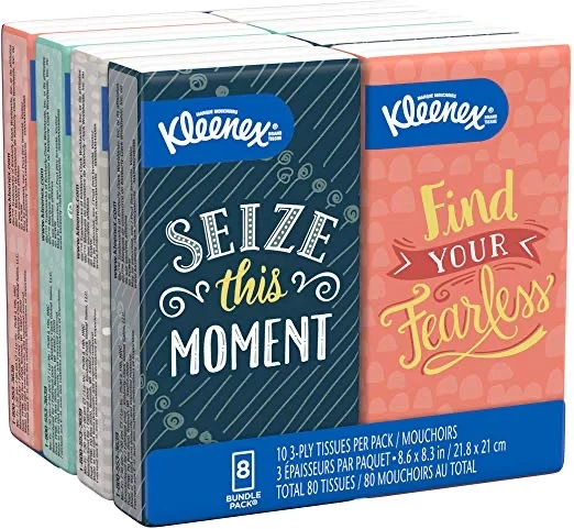 KLEENEX TRUSTED CARE FACIAL TISSUES, 8 ON-THE-GO TRAVEL PACKS (10 TISSUES PER PACK) FOR $2.28