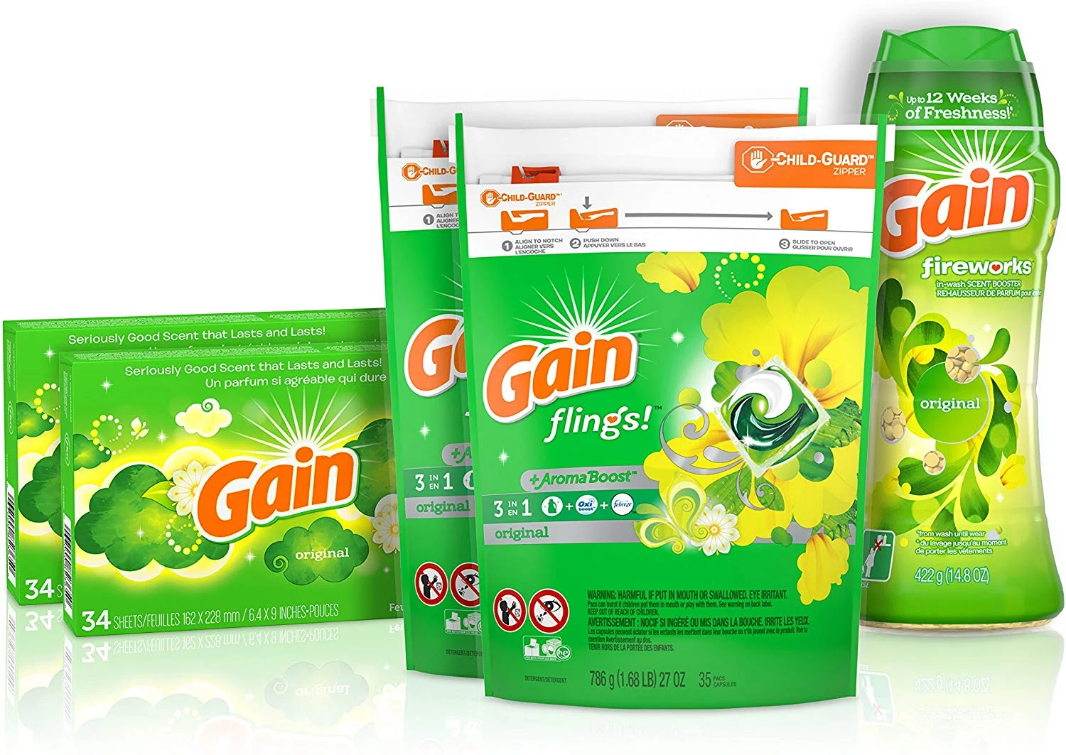 GAIN LAUNDRY BUNDLE: GAIN FLINGS LAUNDRY DETERGENT PACS (2X35CT), GAIN DRYER SHEETS (2X34CT), GAIN FIREWORKS LAUNDRY SCENT BOOSTER BEADS FOR $27.99